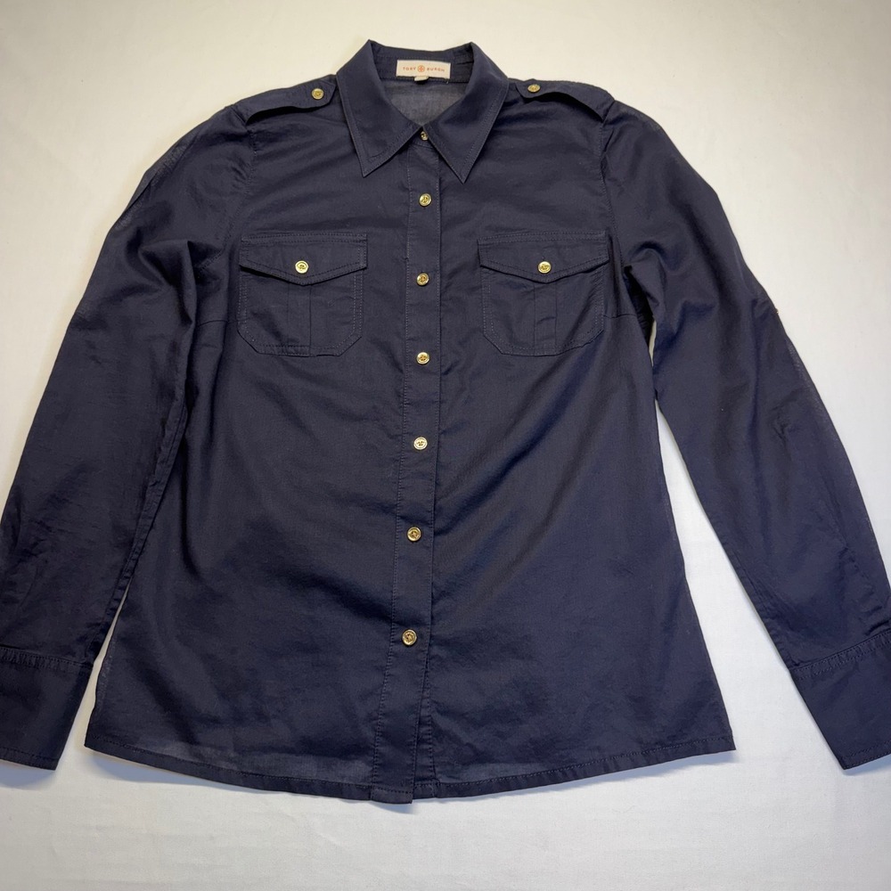 Tory Burch Navy Military Utility Button Up Shirt Gold Logo Buttons Size 6